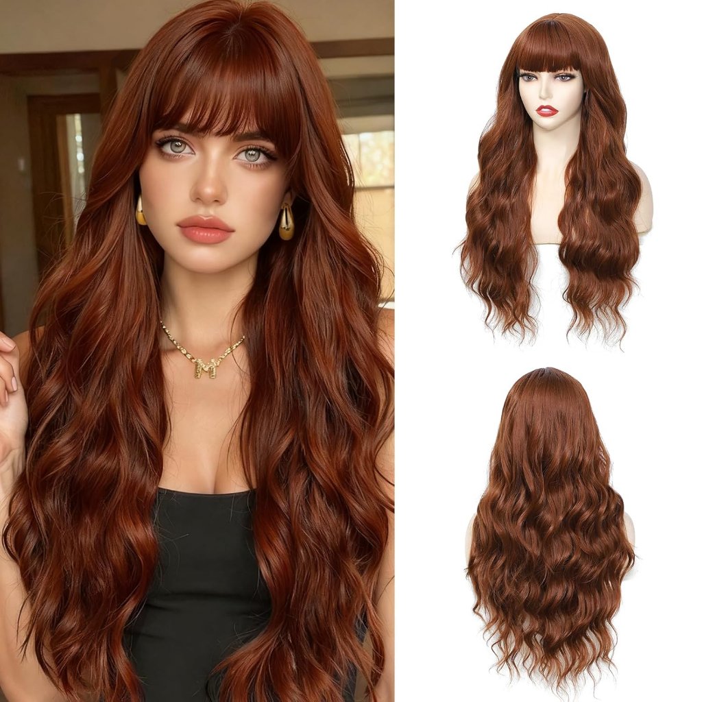 Long Auburn Wavy Wig With Bangs For Women 26 Inch Curly Wavy Wig With Bangs Natu